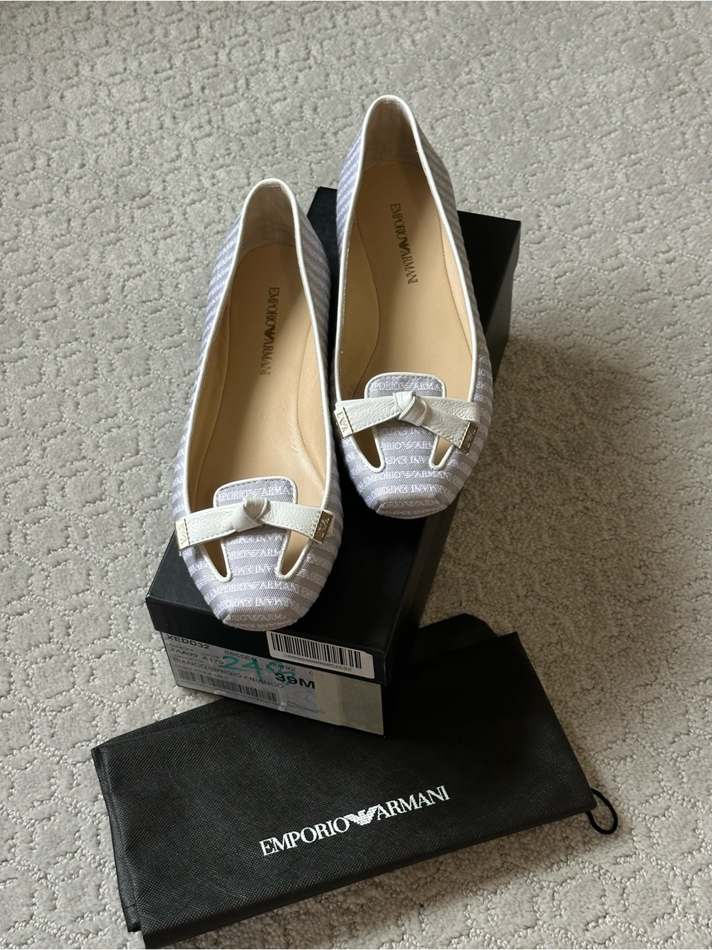 Emporio Armani Women's Light Cream Logo Bow Ballet Flats Size 9